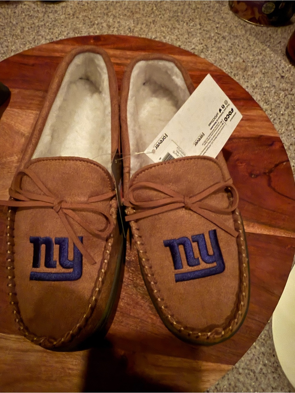 Brown Suede Slip-On Moccasins with Blue Embroidered Logo